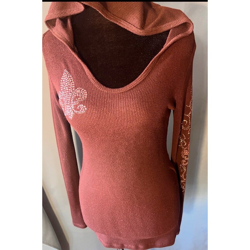 Vocal Y2K Brown Long-Sleeve Hooded Top With Rhinestone Fleur-De-Lis Womens Small